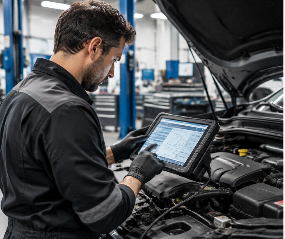 Técnico realizando diagnosis electrónica del vehículo